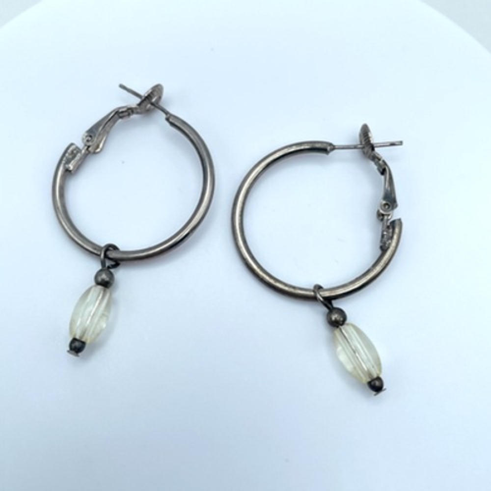 Vintage Silver-Tone Fashion Beauty Oval Glass Dangle Hoop Hinged Clasp Earrings